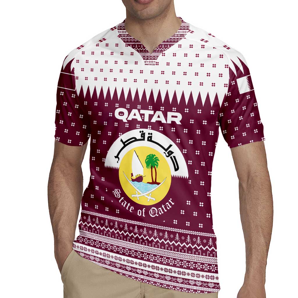 Qatar Christmas Rugby Jersey with Maroon-White Design, National Emblem, and Camel Motif - Wonder Print Shop