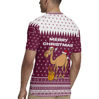 Qatar Christmas Rugby Jersey with Maroon-White Design, National Emblem, and Camel Motif - Wonder Print Shop