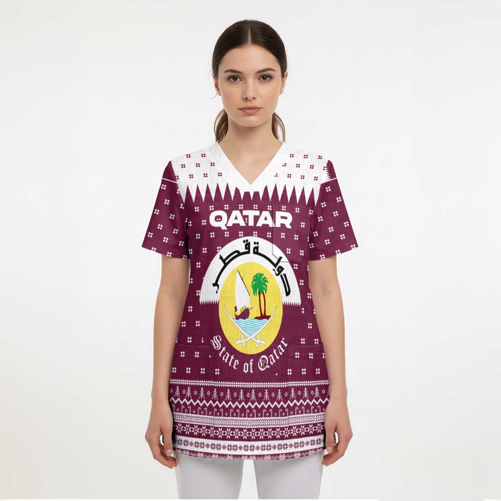 Qatar Christmas Scrub Top with Maroon-White Design, National Emblem, and Camel Motif - Wonder Print Shop