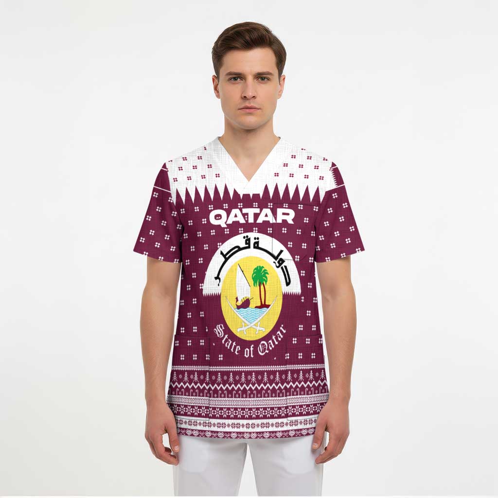 Qatar Christmas Scrub Top with Maroon-White Design, National Emblem, and Camel Motif - Wonder Print Shop
