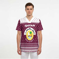 Qatar Christmas Scrub Top with Maroon-White Design, National Emblem, and Camel Motif - Wonder Print Shop