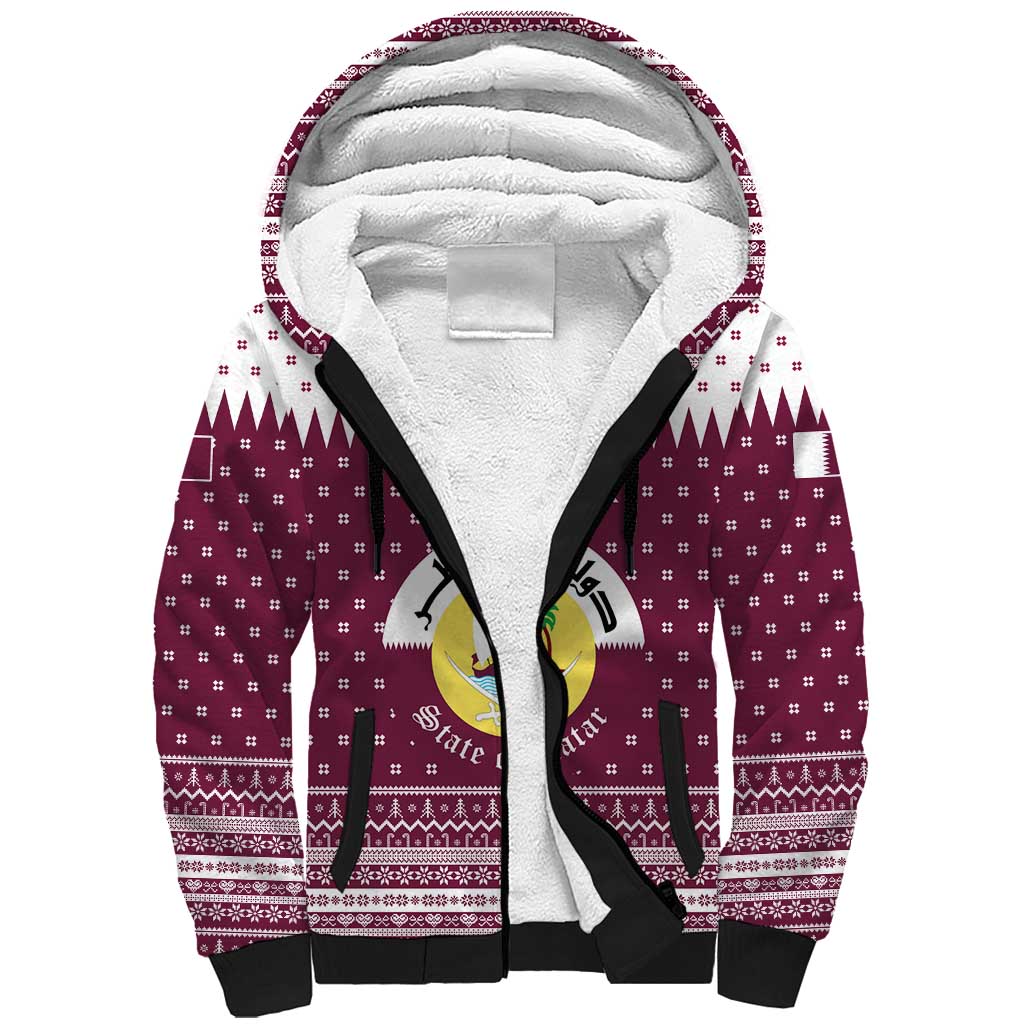 Qatar Christmas Sherpa Hoodie with Maroon-White Design, National Emblem, and Camel Motif - Wonder Print Shop