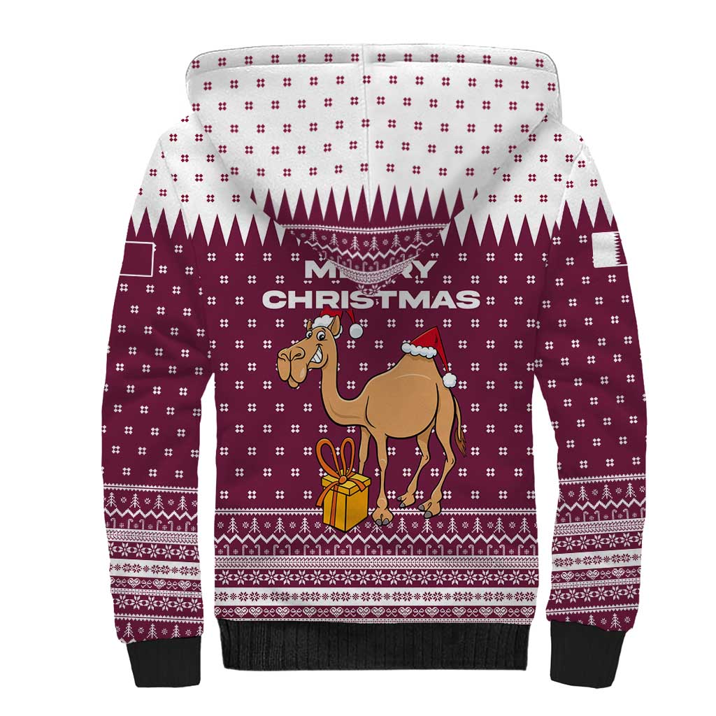Qatar Christmas Sherpa Hoodie with Maroon-White Design, National Emblem, and Camel Motif - Wonder Print Shop