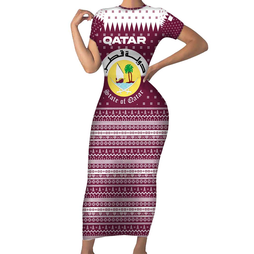 Qatar Christmas Short Sleeve Bodycon Dress with Maroon-White Design, National Emblem, and Camel Motif - Wonder Print Shop