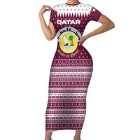Qatar Christmas Short Sleeve Bodycon Dress with Maroon-White Design, National Emblem, and Camel Motif - Wonder Print Shop