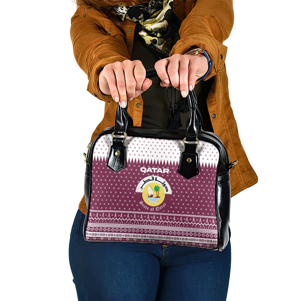 Qatar Christmas Shoulder Handbag with Maroon-White Design, National Emblem, and Camel Motif - Wonder Print Shop