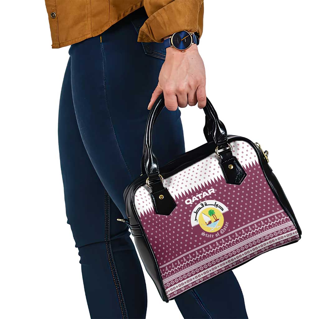 Qatar Christmas Shoulder Handbag with Maroon-White Design, National Emblem, and Camel Motif - Wonder Print Shop