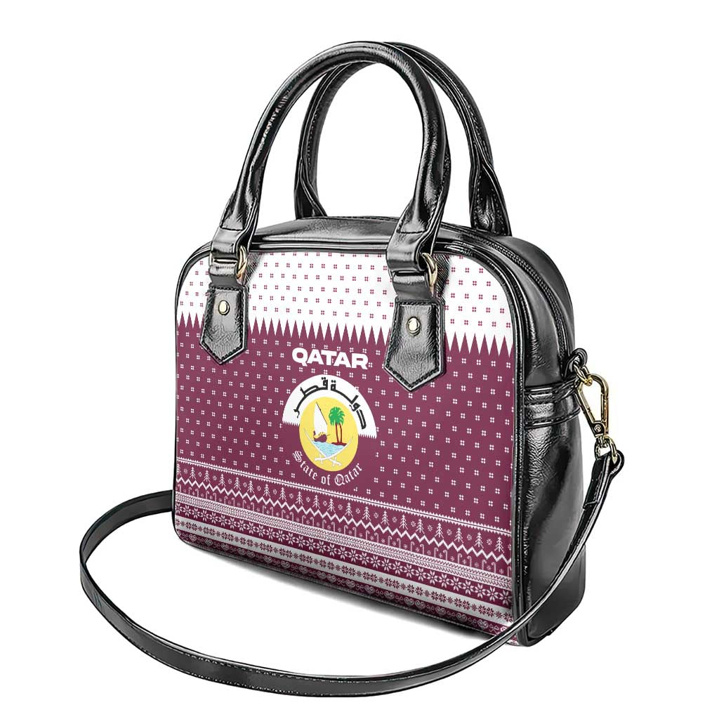 Qatar Christmas Shoulder Handbag with Maroon-White Design, National Emblem, and Camel Motif - Wonder Print Shop