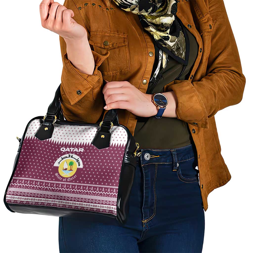 Qatar Christmas Shoulder Handbag with Maroon-White Design, National Emblem, and Camel Motif - Wonder Print Shop