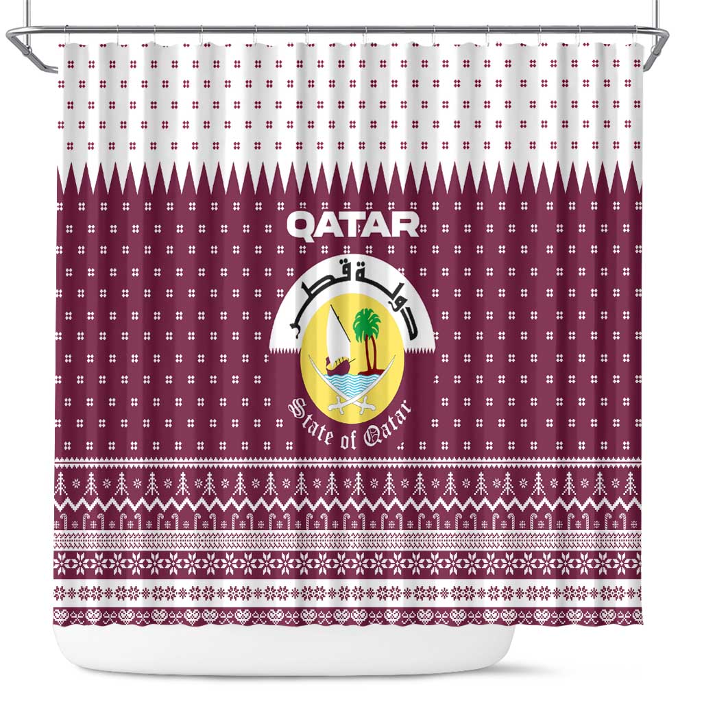 Qatar Christmas Shower Curtain with Maroon-White Design, National Emblem, and Camel Motif - Wonder Print Shop