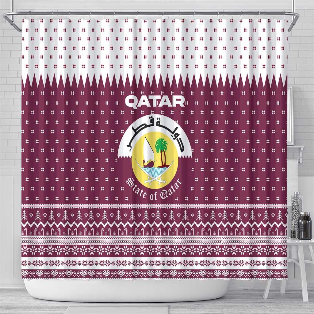 Qatar Christmas Shower Curtain with Maroon-White Design, National Emblem, and Camel Motif - Wonder Print Shop