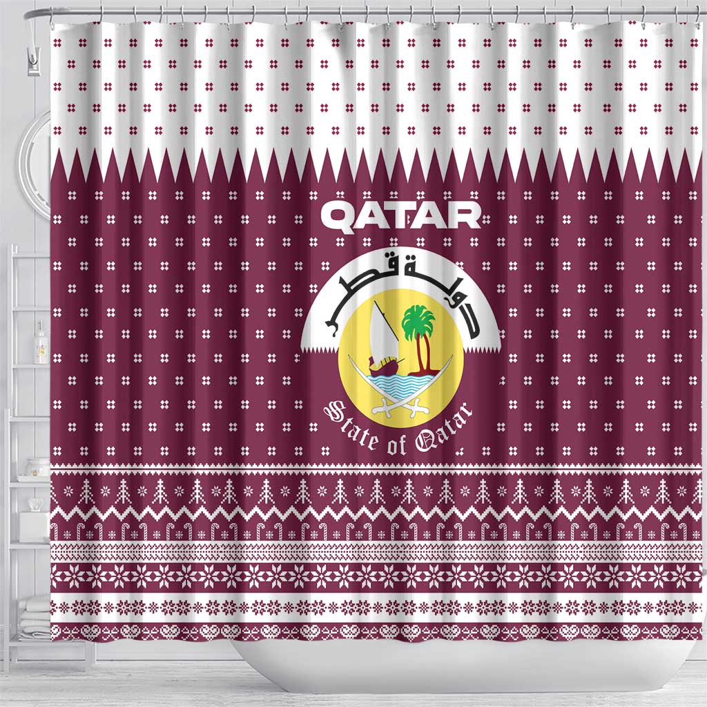 Qatar Christmas Shower Curtain with Maroon-White Design, National Emblem, and Camel Motif - Wonder Print Shop