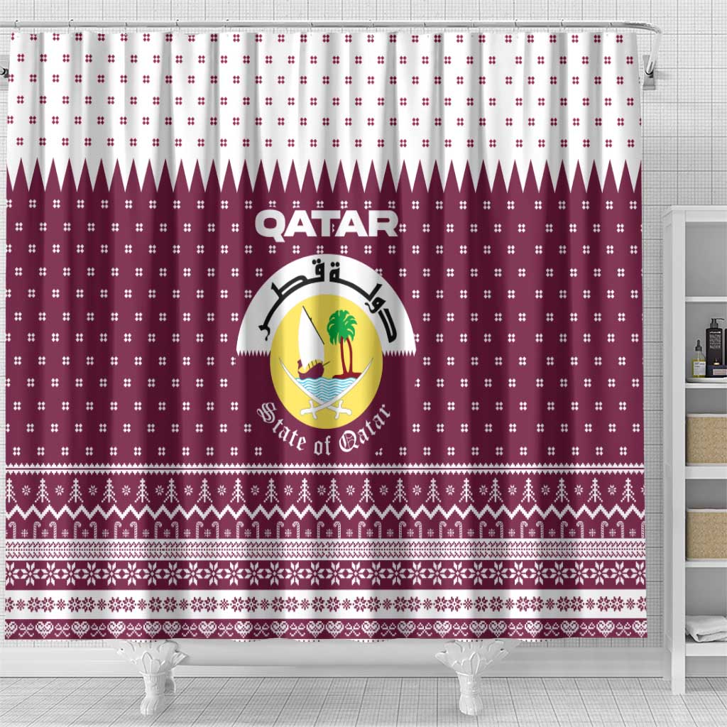 Qatar Christmas Shower Curtain with Maroon-White Design, National Emblem, and Camel Motif - Wonder Print Shop