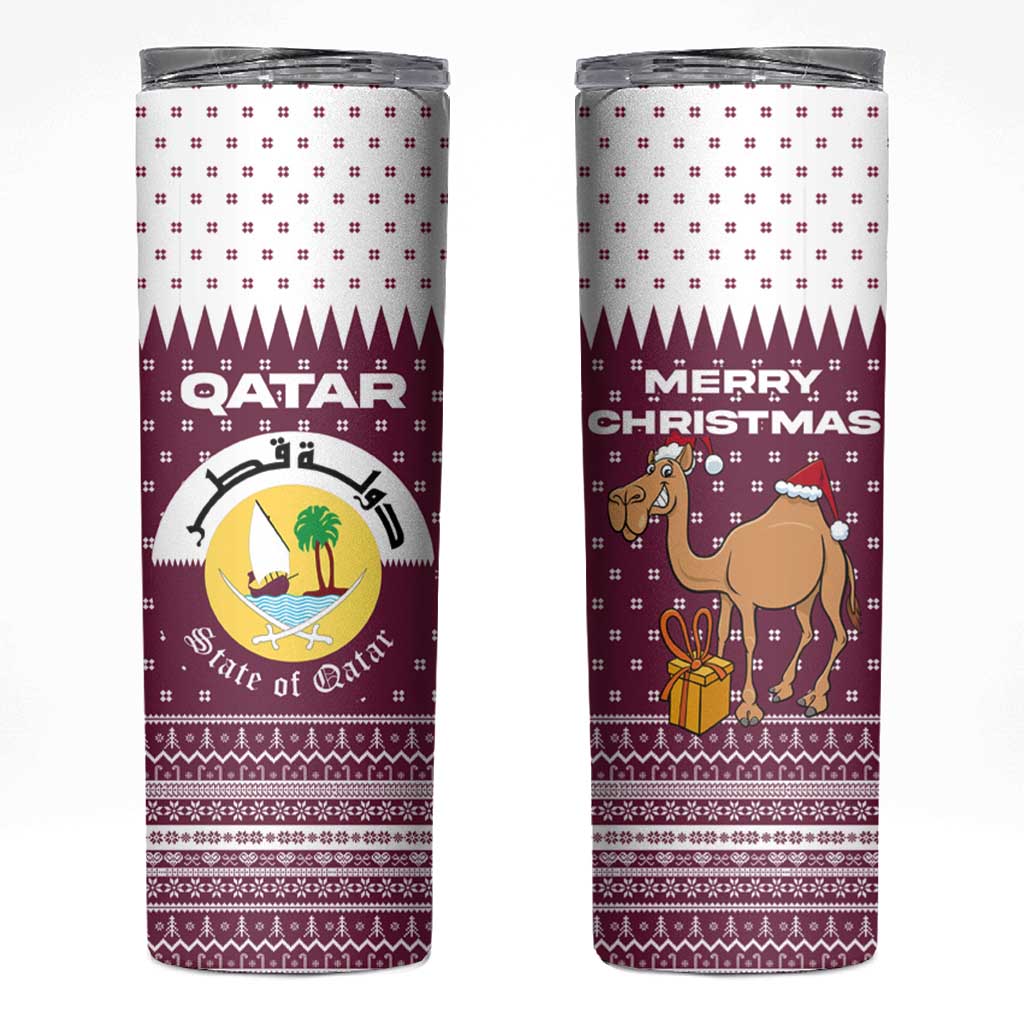 Qatar Christmas Skinny Tumbler with Maroon-White Design, National Emblem, and Camel Motif - Wonder Print Shop
