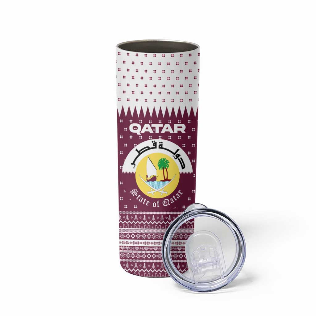 Qatar Christmas Skinny Tumbler with Maroon-White Design, National Emblem, and Camel Motif - Wonder Print Shop