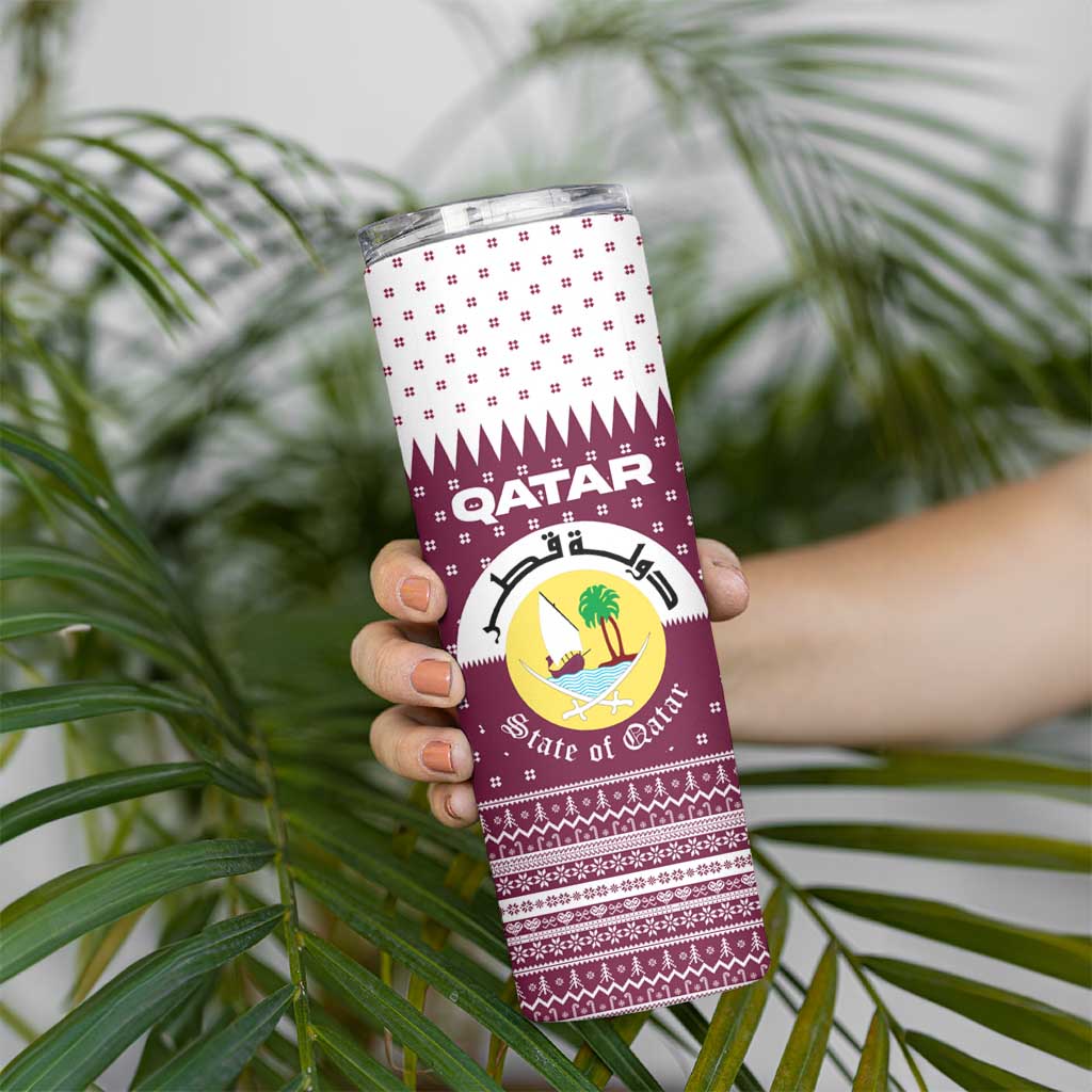 Qatar Christmas Skinny Tumbler with Maroon-White Design, National Emblem, and Camel Motif - Wonder Print Shop