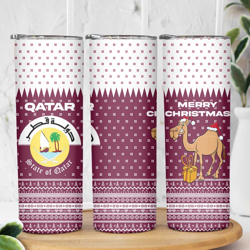Qatar Christmas Skinny Tumbler with Maroon-White Design, National Emblem, and Camel Motif - Wonder Print Shop