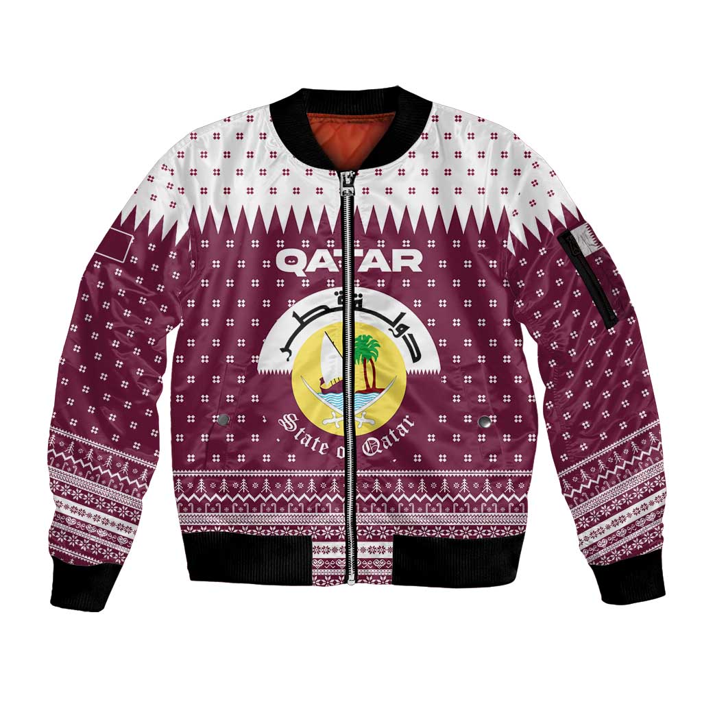 Qatar Christmas Sleeve Zip Bomber Jacket with Maroon-White Design, National Emblem, and Camel Motif - Wonder Print Shop