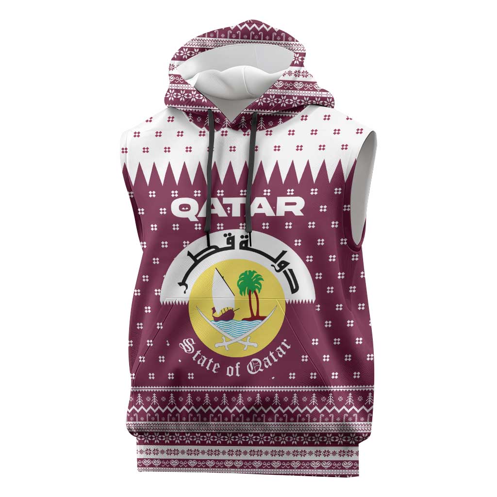 Qatar Christmas Sleeveless Hoodie with Maroon-White Design, National Emblem, and Camel Motif - Wonder Print Shop