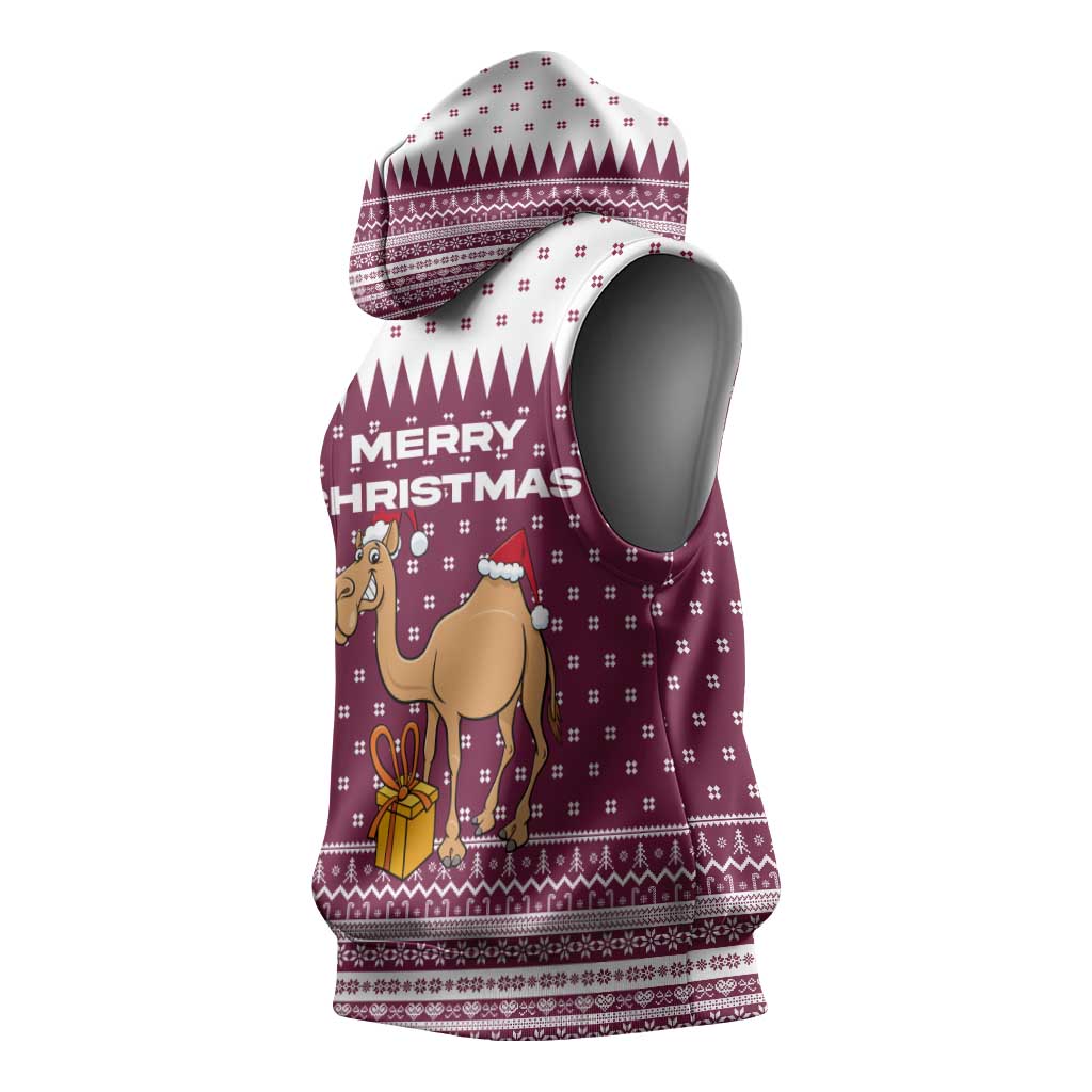 Qatar Christmas Sleeveless Hoodie with Maroon-White Design, National Emblem, and Camel Motif - Wonder Print Shop