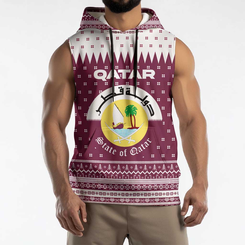 Qatar Christmas Sleeveless Hoodie with Maroon-White Design, National Emblem, and Camel Motif - Wonder Print Shop