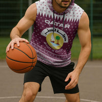 Qatar Christmas Sleeveless Hoodie with Maroon-White Design, National Emblem, and Camel Motif - Wonder Print Shop