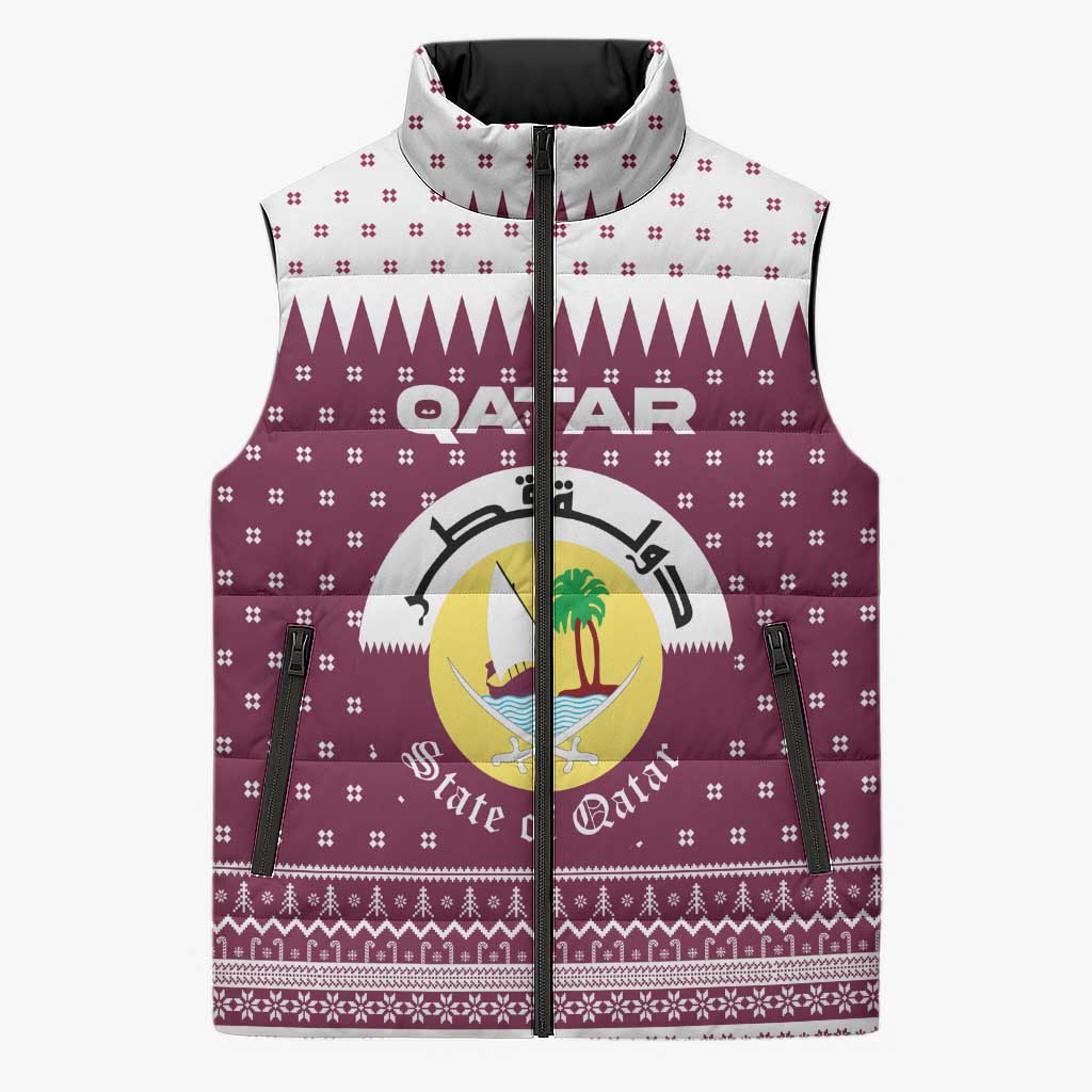 Qatar Christmas Sleeveless Puffer Jacket with Maroon-White Design, National Emblem, and Camel Motif - Wonder Print Shop