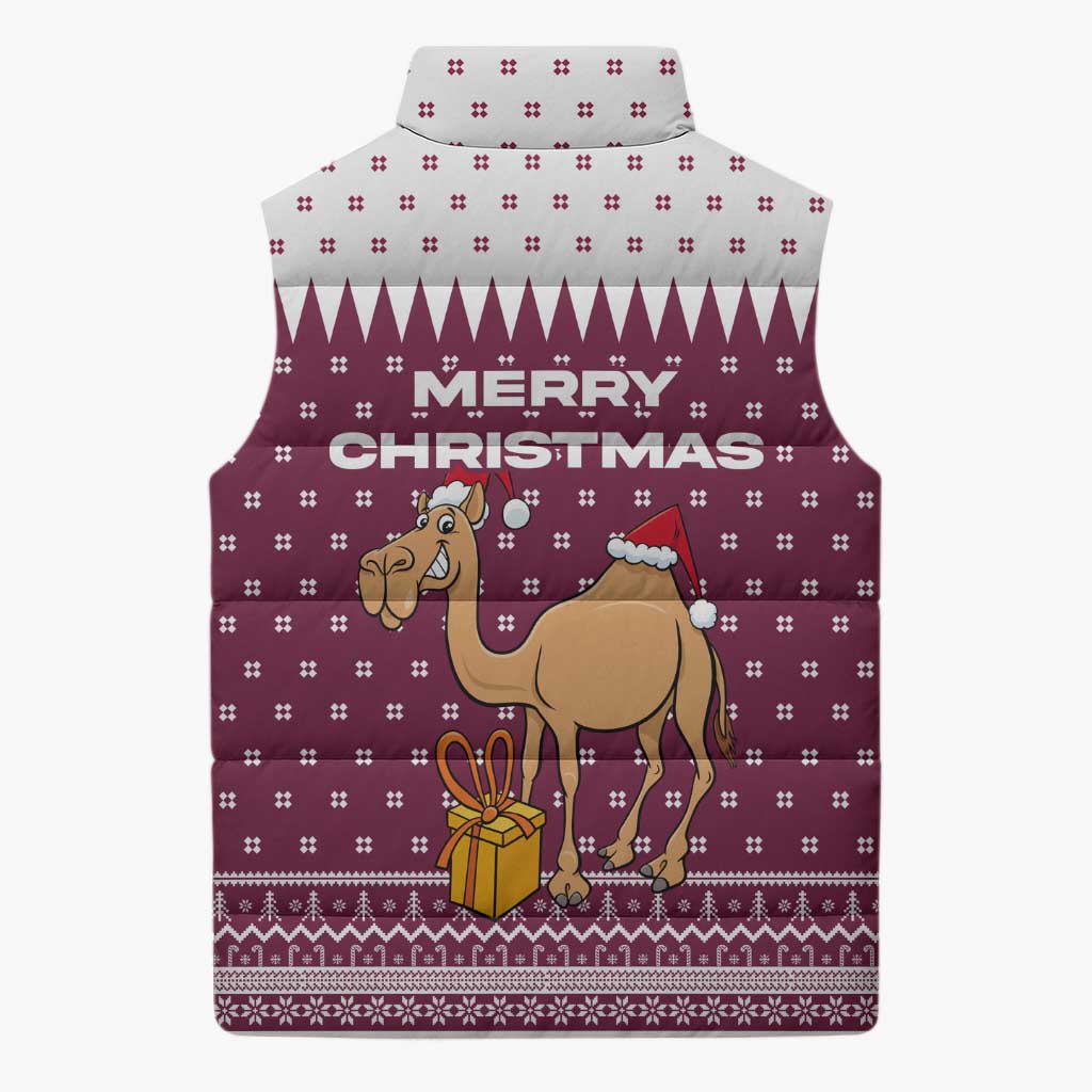 Qatar Christmas Sleeveless Puffer Jacket with Maroon-White Design, National Emblem, and Camel Motif - Wonder Print Shop