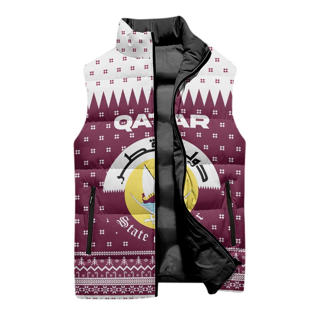 Qatar Christmas Sleeveless Puffer Jacket with Maroon-White Design, National Emblem, and Camel Motif - Wonder Print Shop