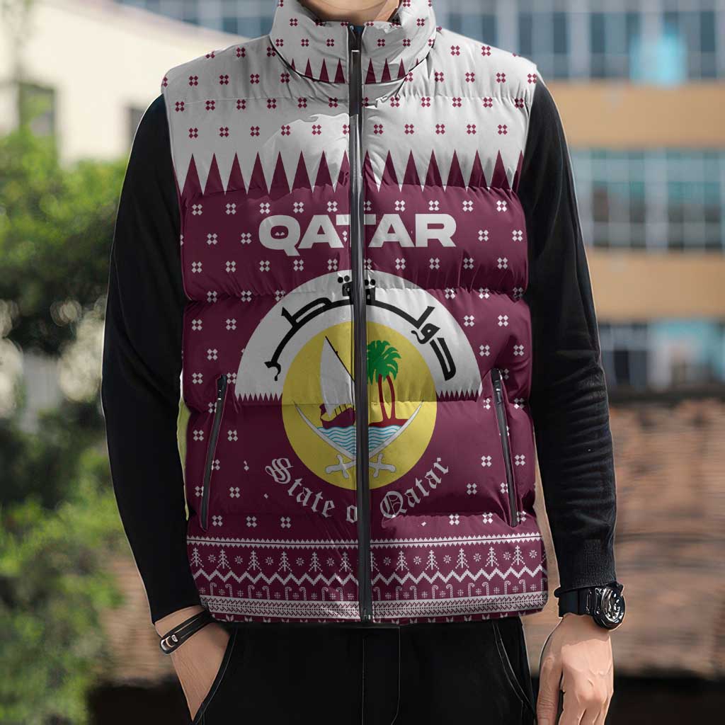 Qatar Christmas Sleeveless Puffer Jacket with Maroon-White Design, National Emblem, and Camel Motif - Wonder Print Shop