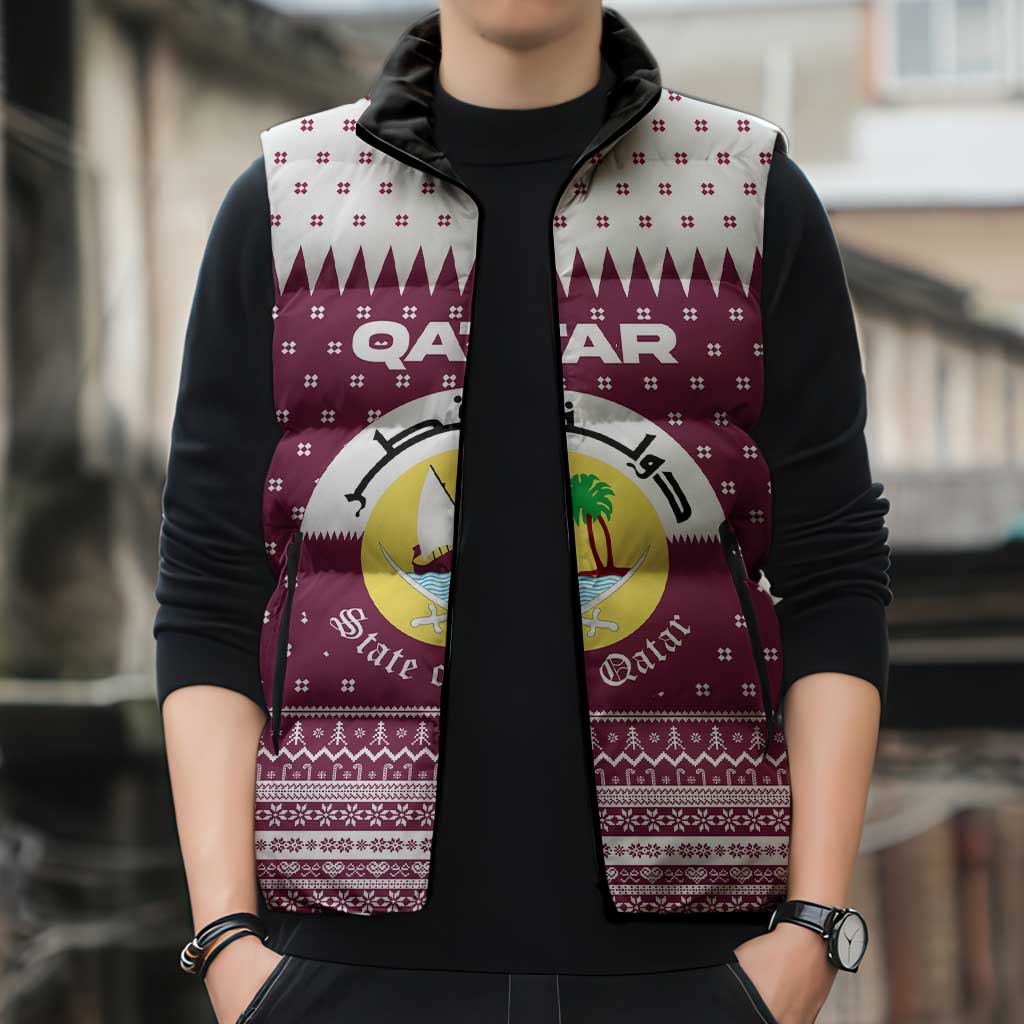 Qatar Christmas Sleeveless Puffer Jacket with Maroon-White Design, National Emblem, and Camel Motif - Wonder Print Shop