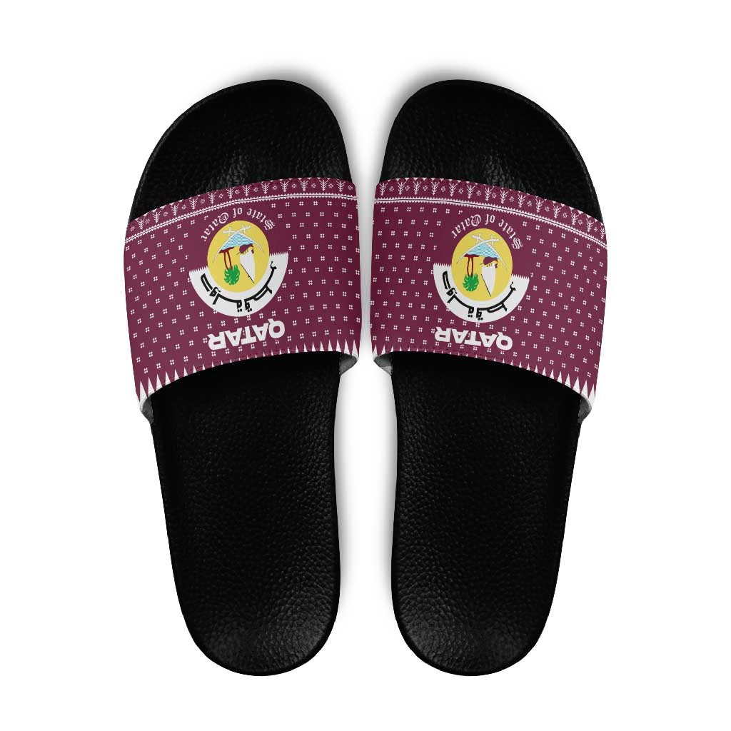 Qatar Christmas Slide Sandals with Maroon-White Design, National Emblem, and Camel Motif - Wonder Print Shop