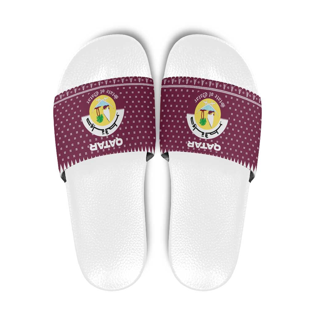 Qatar Christmas Slide Sandals with Maroon-White Design, National Emblem, and Camel Motif - Wonder Print Shop