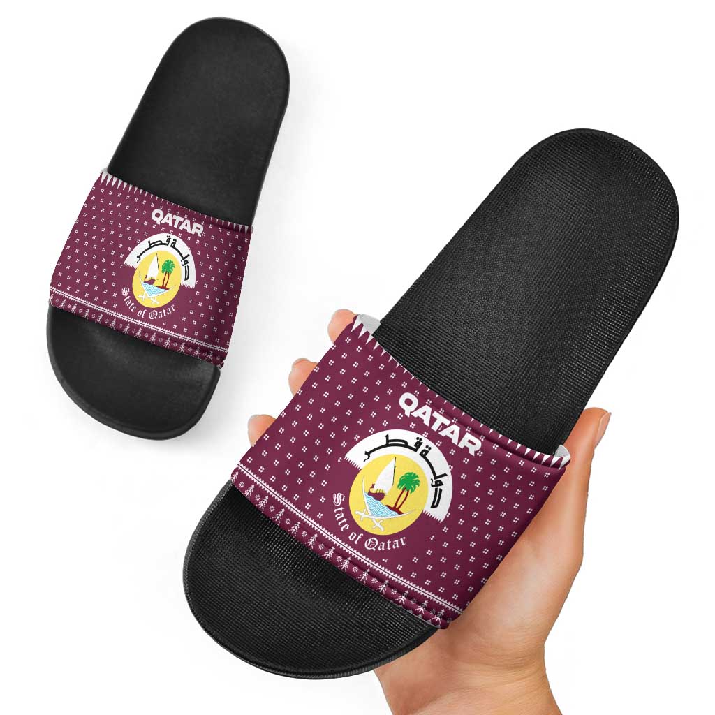Qatar Christmas Slide Sandals with Maroon-White Design, National Emblem, and Camel Motif - Wonder Print Shop