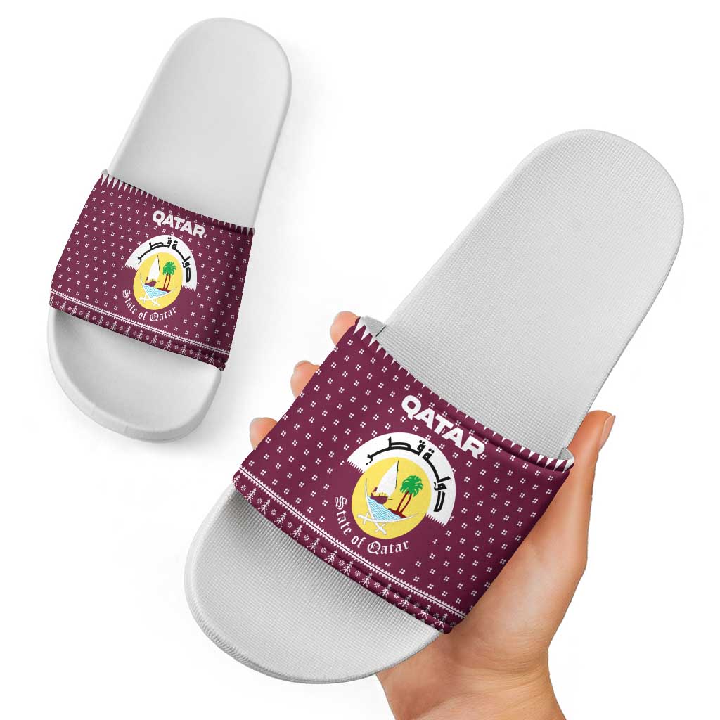 Qatar Christmas Slide Sandals with Maroon-White Design, National Emblem, and Camel Motif - Wonder Print Shop