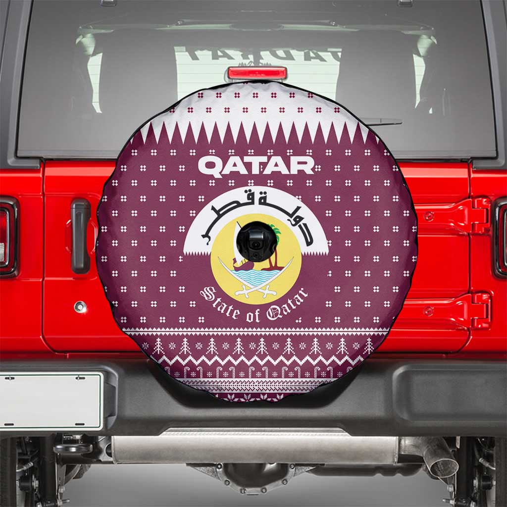 Qatar Christmas Spare Tire Cover with Maroon-White Design, National Emblem, and Camel Motif - Wonder Print Shop