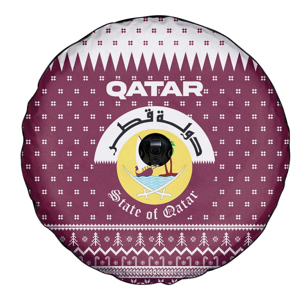 Qatar Christmas Spare Tire Cover with Maroon-White Design, National Emblem, and Camel Motif - Wonder Print Shop