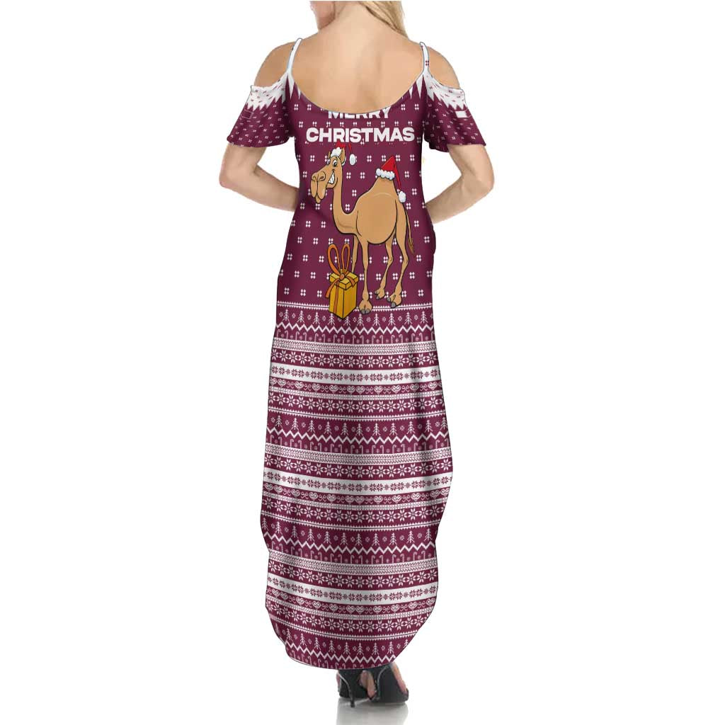Qatar Christmas Summer Maxi Dress with Maroon-White Design, National Emblem, and Camel Motif - Wonder Print Shop
