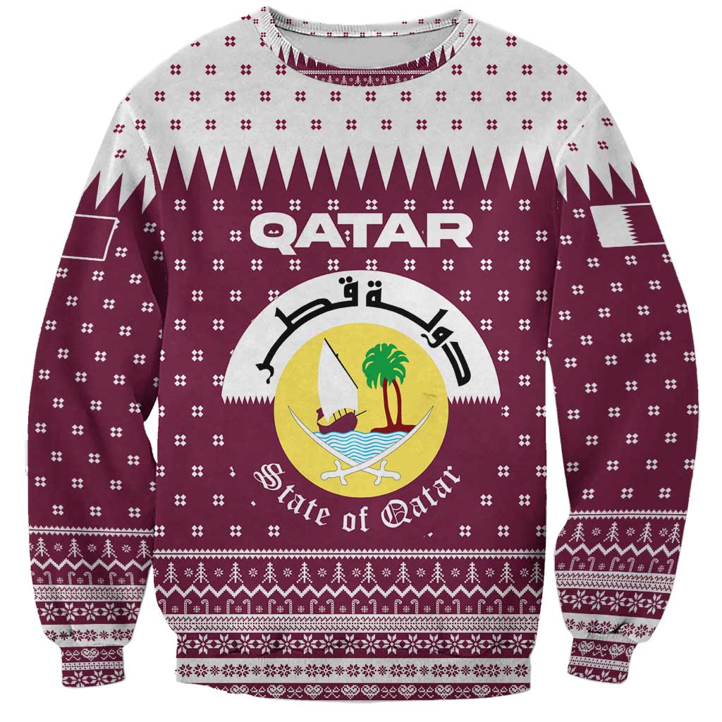 Qatar Christmas Sweatshirt with Maroon-White Design, National Emblem, and Camel Motif - Wonder Print Shop