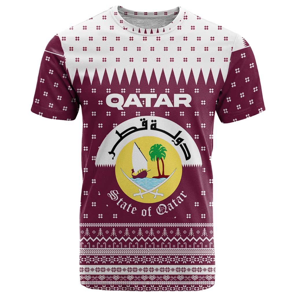 Qatar Christmas T Shirt with Maroon-White Design, National Emblem, and Camel Motif - Wonder Print Shop