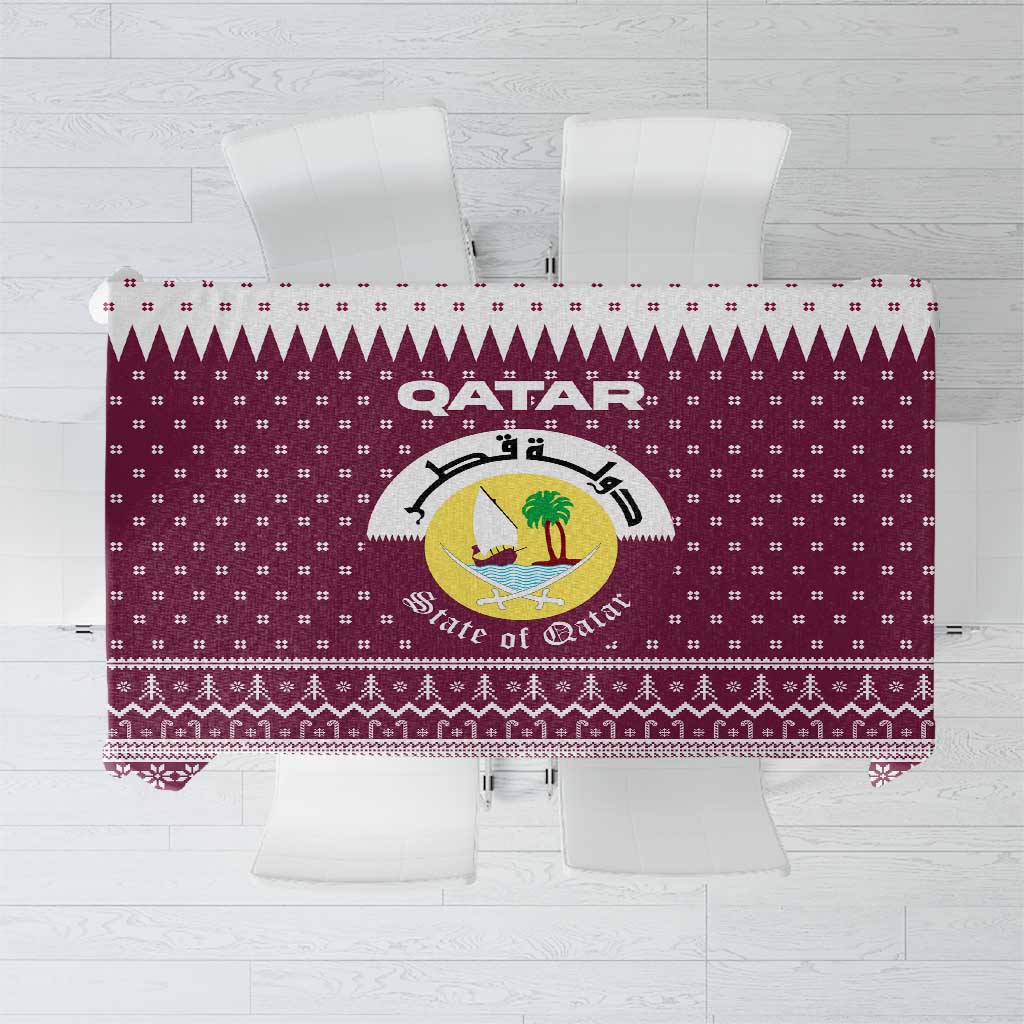 Qatar Christmas Tablecloth with Maroon-White Design, National Emblem, and Camel Motif - Wonder Print Shop