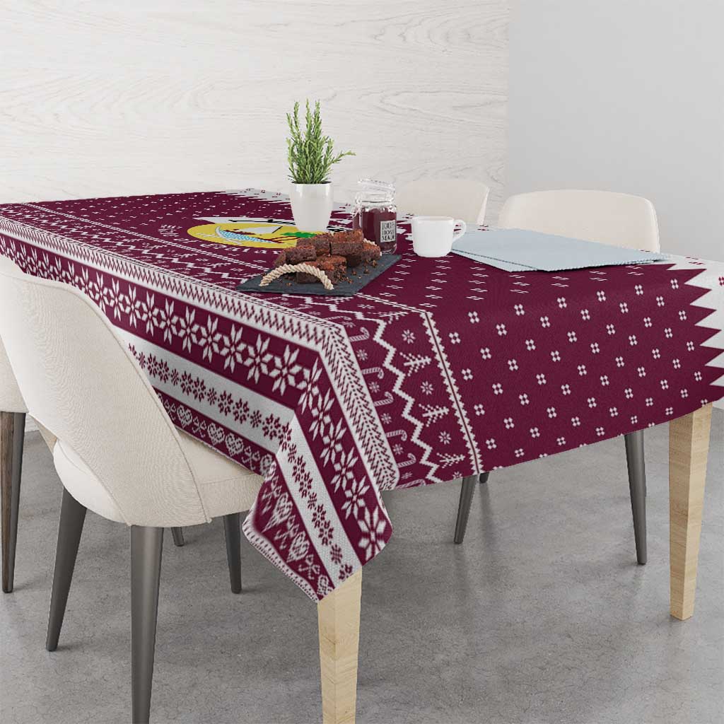 Qatar Christmas Tablecloth with Maroon-White Design, National Emblem, and Camel Motif - Wonder Print Shop