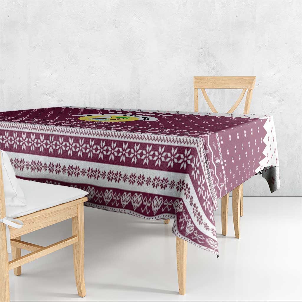 Qatar Christmas Tablecloth with Maroon-White Design, National Emblem, and Camel Motif - Wonder Print Shop