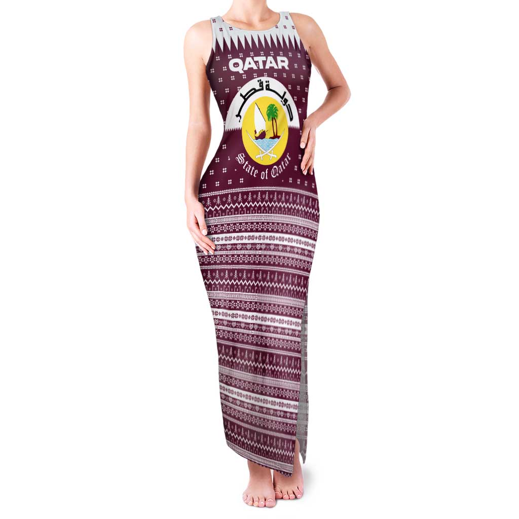 Qatar Christmas Tank Maxi Dress with Maroon-White Design, National Emblem, and Camel Motif - Wonder Print Shop
