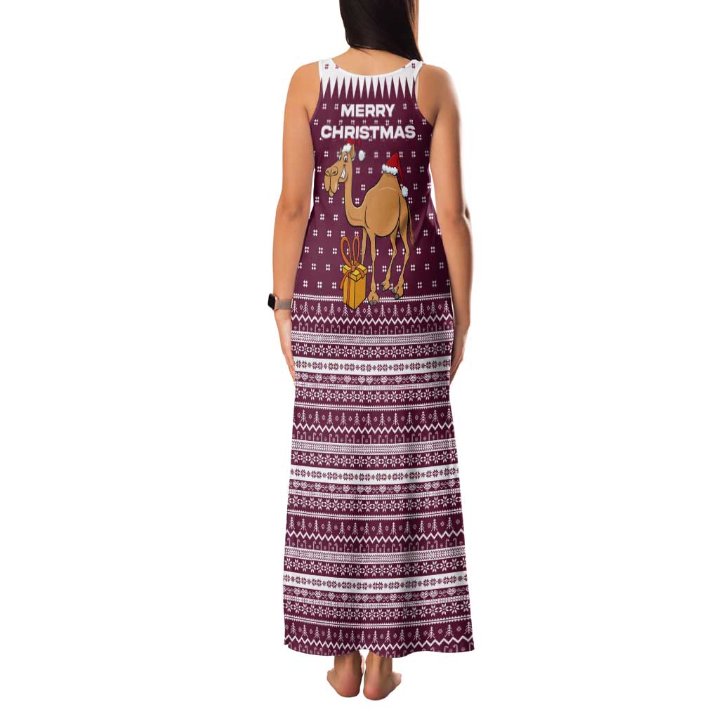 Qatar Christmas Tank Maxi Dress with Maroon-White Design, National Emblem, and Camel Motif - Wonder Print Shop