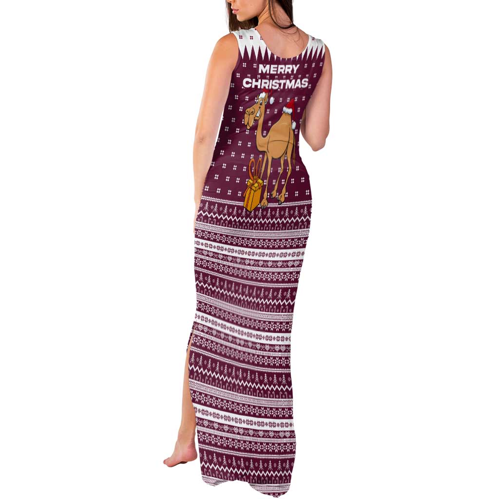 Qatar Christmas Tank Maxi Dress with Maroon-White Design, National Emblem, and Camel Motif - Wonder Print Shop