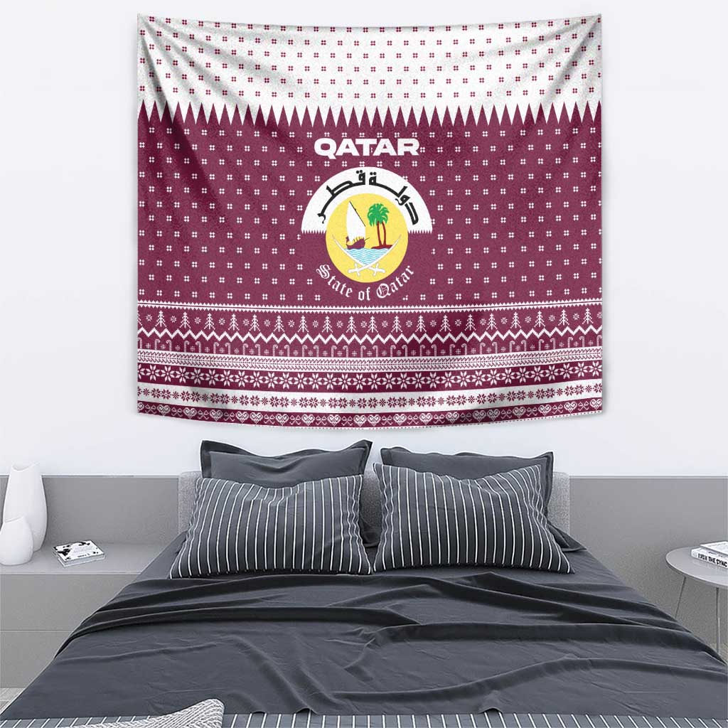 Qatar Christmas Tapestry with Maroon-White Design, National Emblem, and Camel Motif - Wonder Print Shop