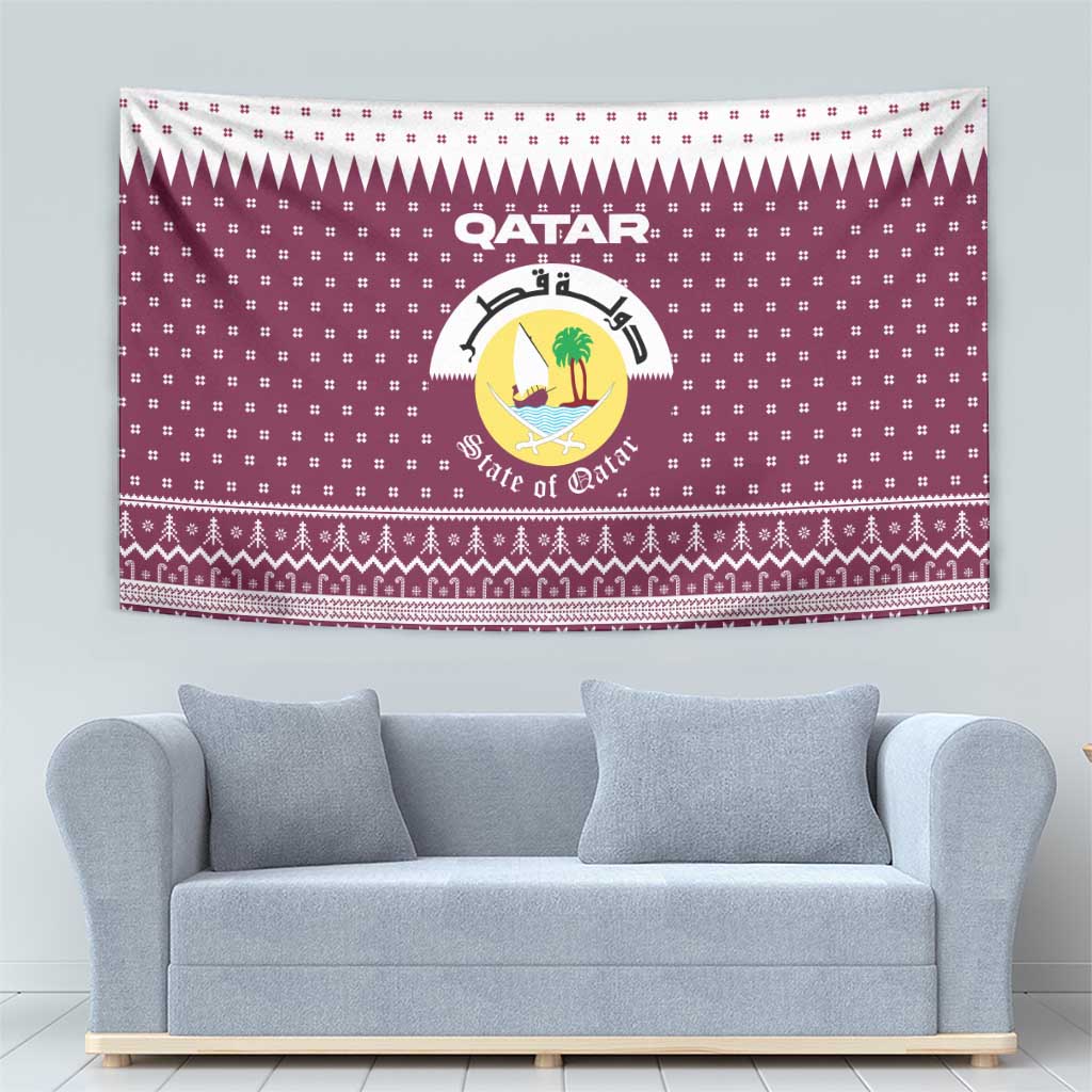 Qatar Christmas Tapestry with Maroon-White Design, National Emblem, and Camel Motif - Wonder Print Shop