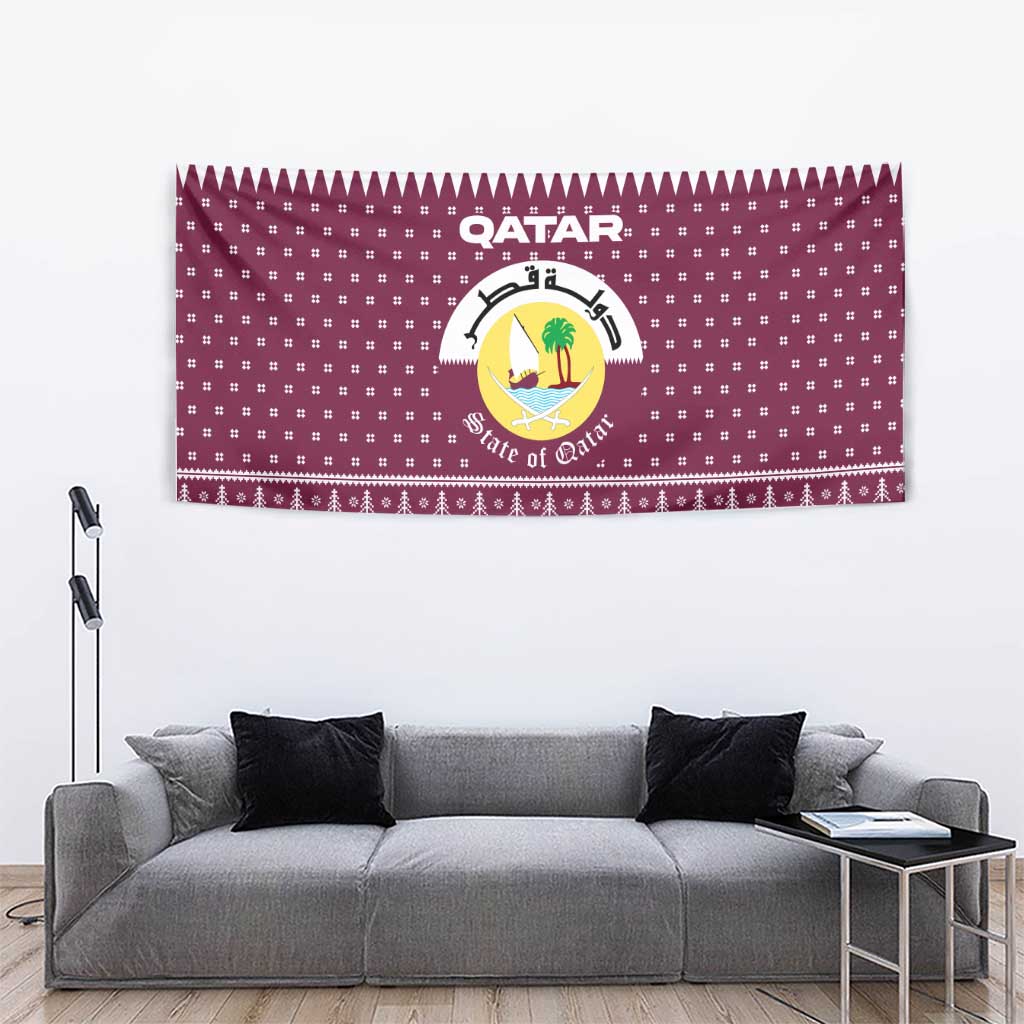 Qatar Christmas Tapestry with Maroon-White Design, National Emblem, and Camel Motif - Wonder Print Shop