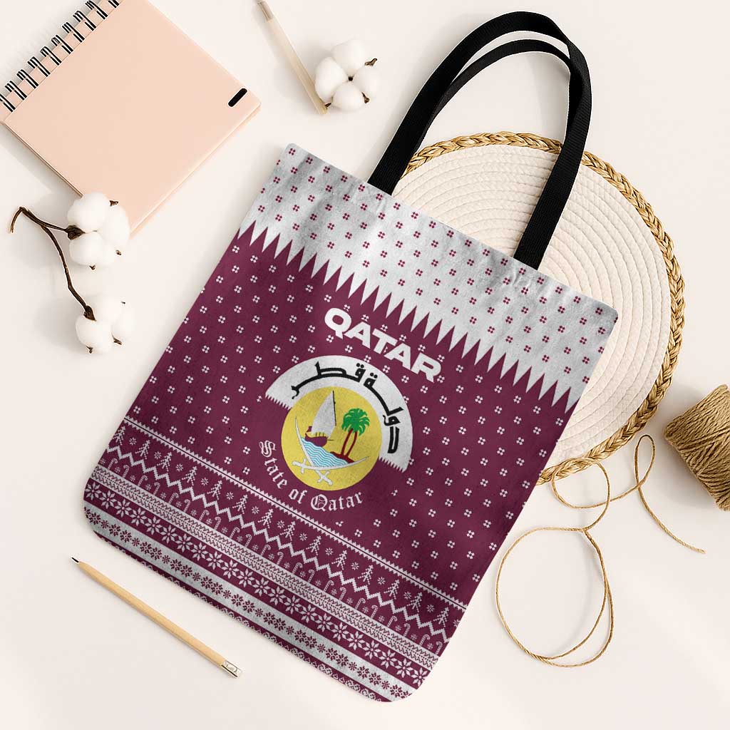Qatar Christmas Tote Bag with Maroon-White Design, National Emblem, and Camel Motif - Wonder Print Shop